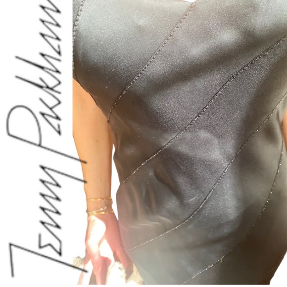 Jenny Packham Mermaid shape black satin dress striped w/ black sequins Sz 6 USA - Picture 7 of 8